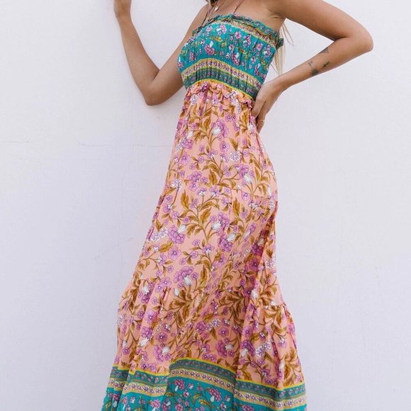 Urbann-Vibe Bohemian Orange Strapless Patchwork Maxi Dress for Summer Garden Parties main image 1